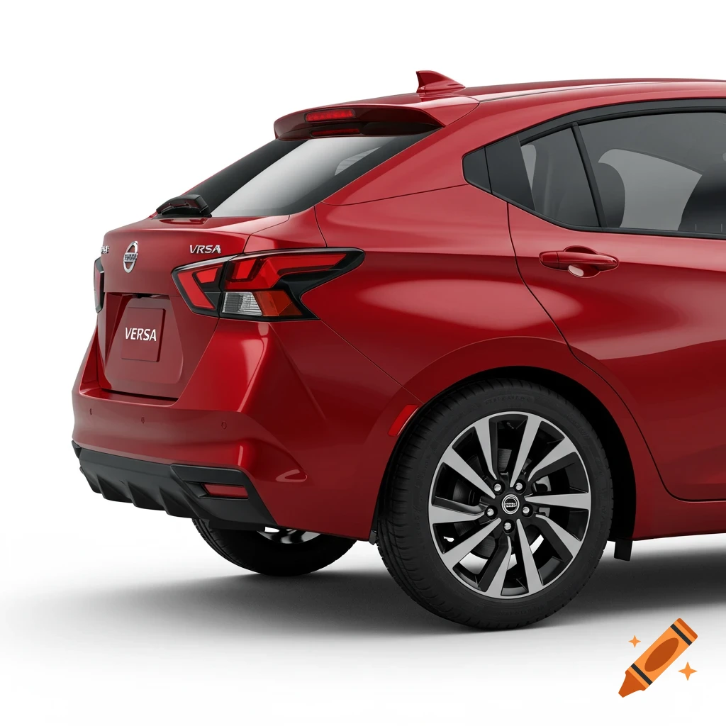 A red Nissan Versa is shown from the rear quarter view.