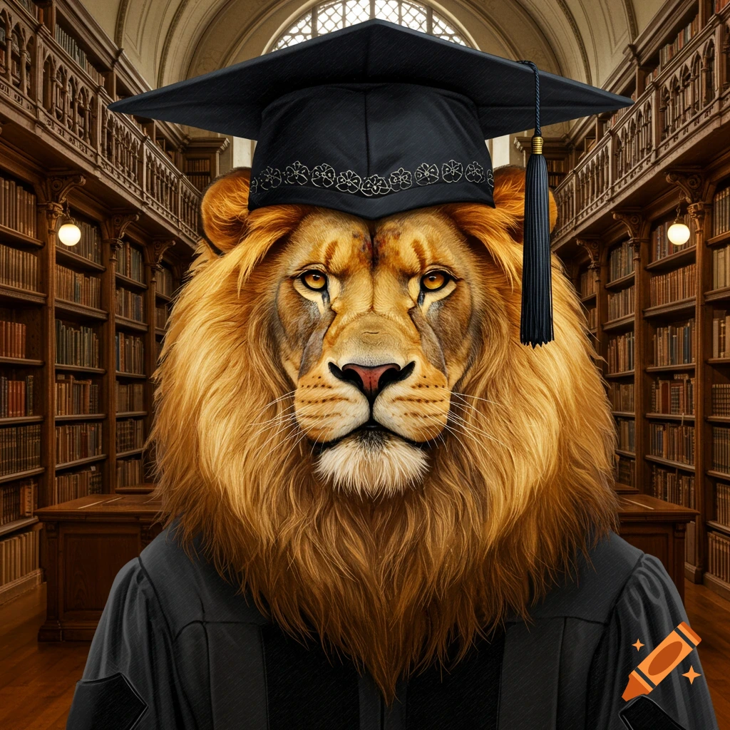 Close-up of a lion wearing a graduation cap and gown in a library