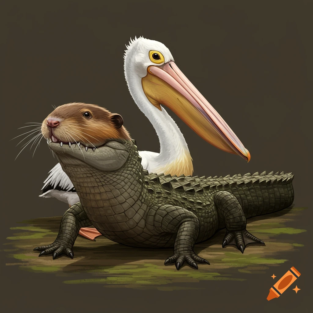 A creature with a muskrat head and alligator body, with a pelican standing behind it.