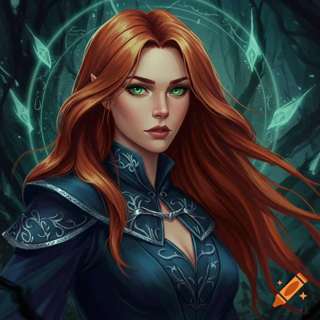 A woman with red hair and green eyes, in fantasy attire against a mystical forest background.