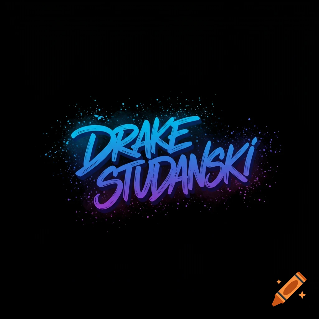 Blue and purple gradient brushstroke text 'DRAKE STUDANSKI' with colorful splatter on black.