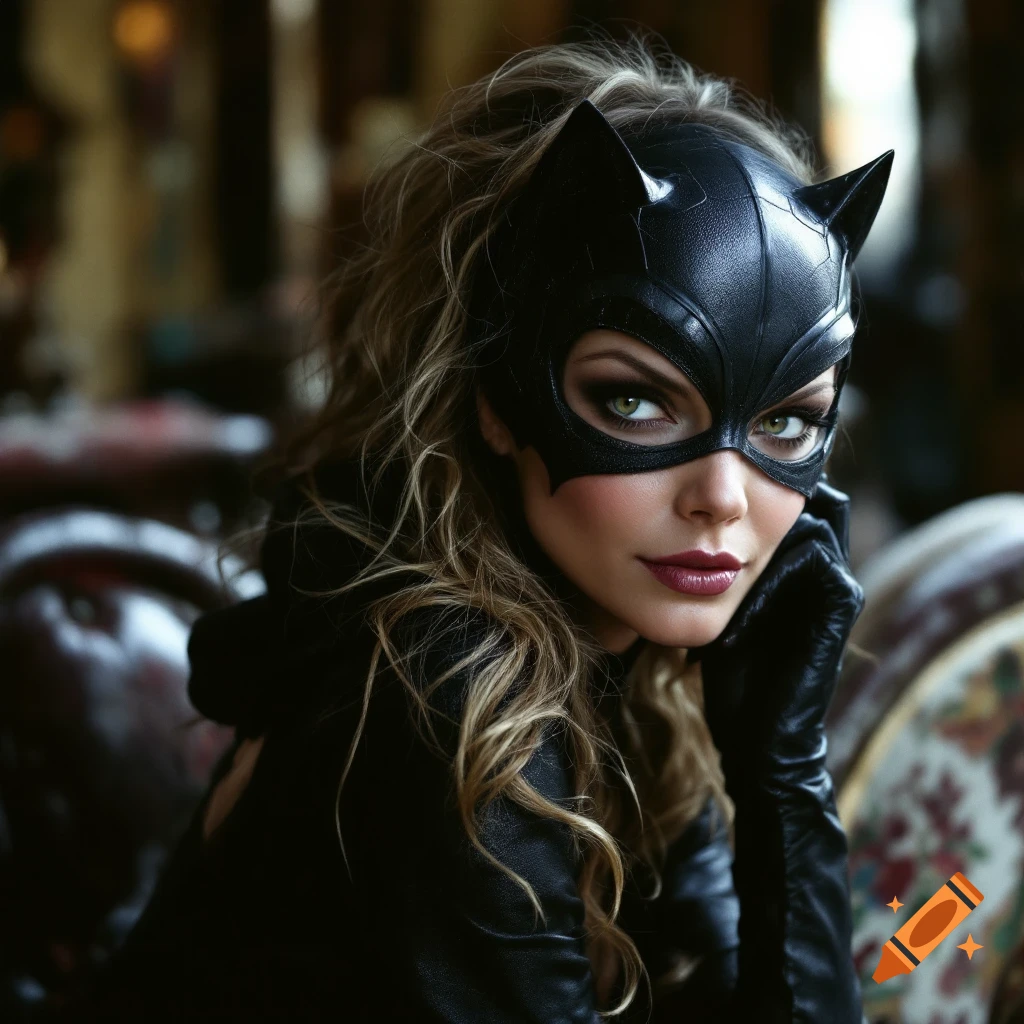 Close-up portrait of a woman in a black Catwoman mask and costume