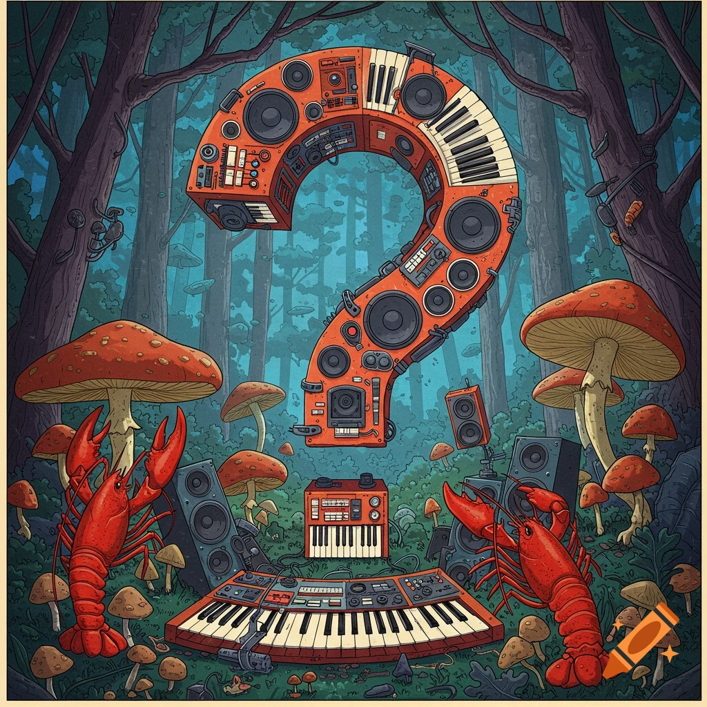A question mark made of music synths and speakers in a forest with mushrooms and lobsters.