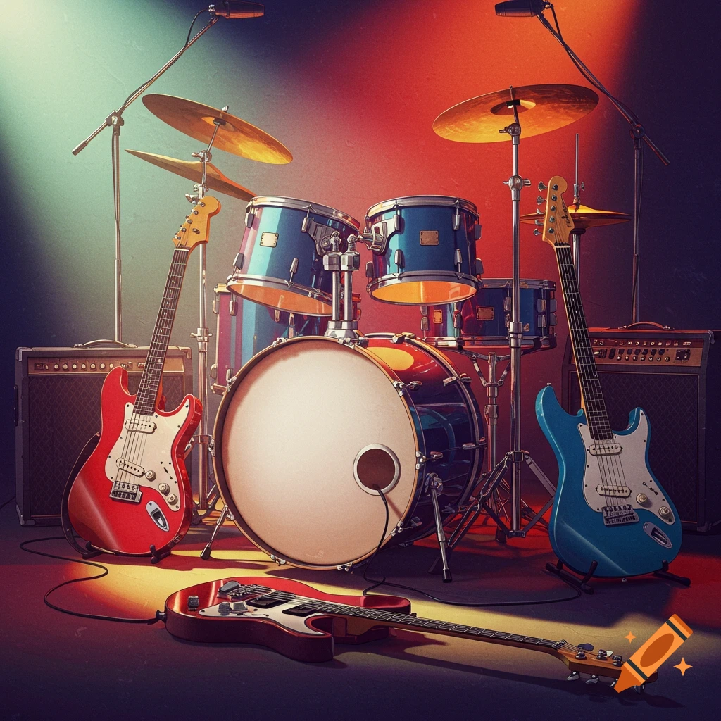 A drum set and guitars are on a stage with colored lighting.