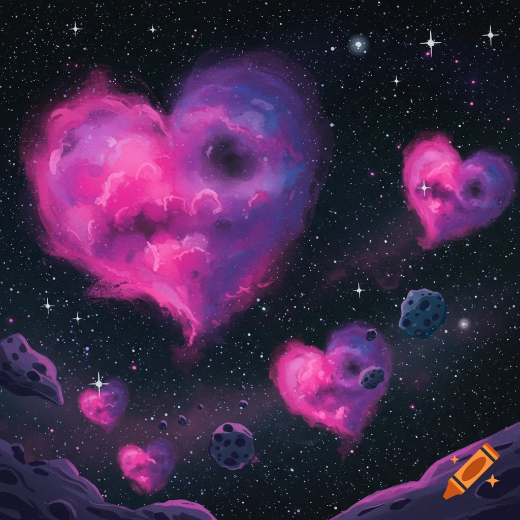Pink and purple heart-shaped nebulas and asteroids in deep space.