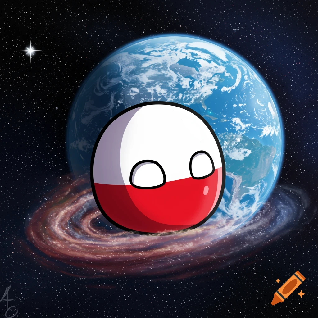 A Polandball character floating in space near a planet and nebula.