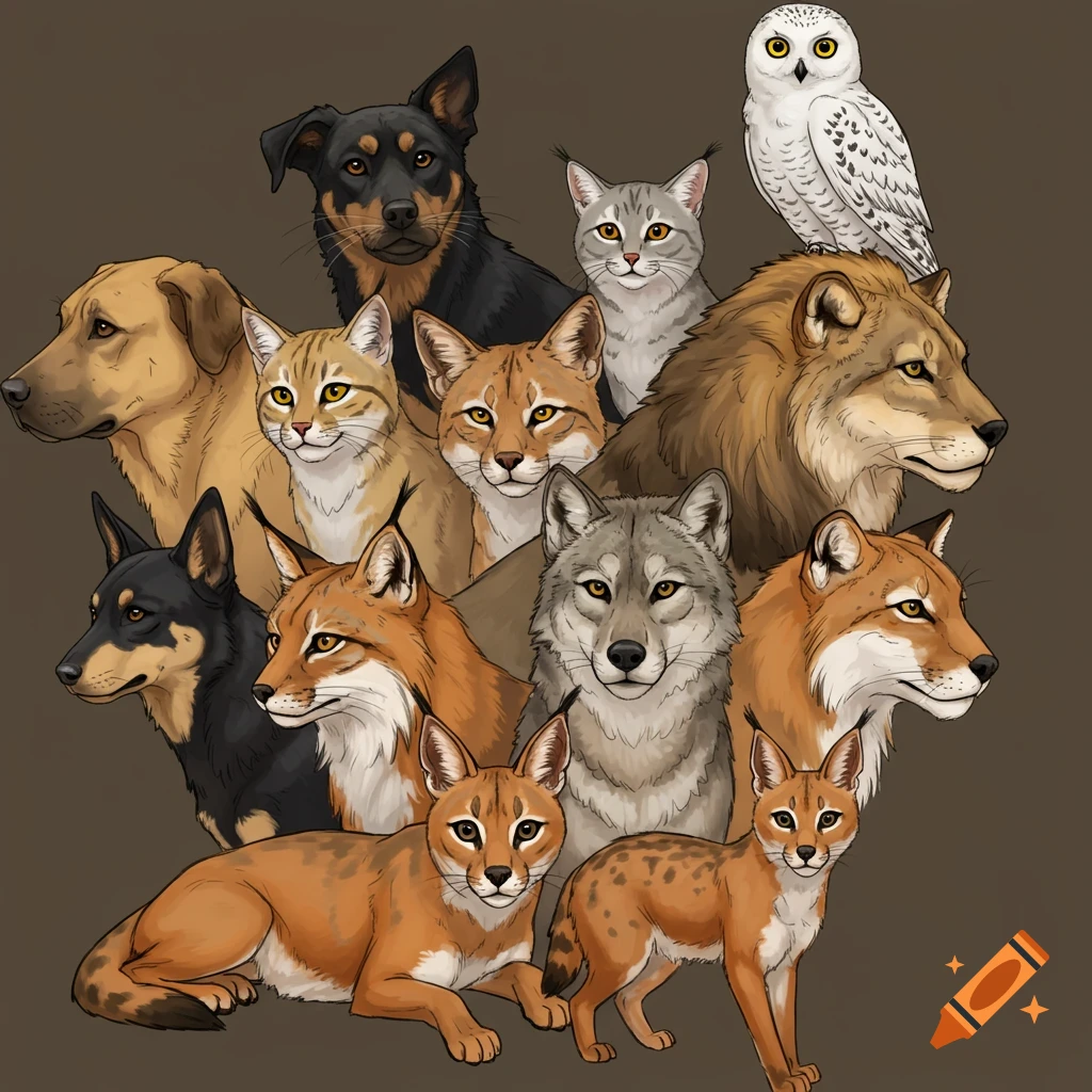 A group of various animals including dogs, cats, wolves, foxes, lions ...