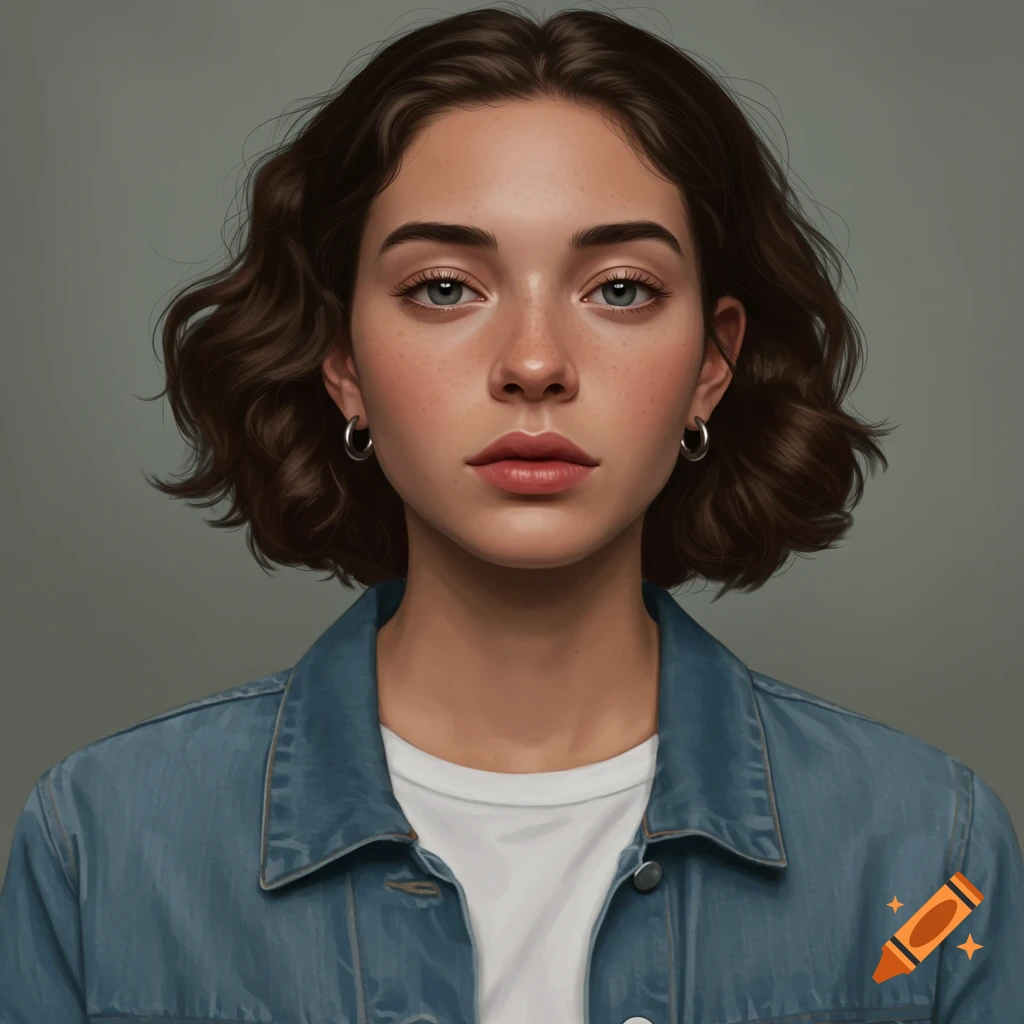 Portrait of a young woman with short brown hair and freckles wearing a denim jacket.