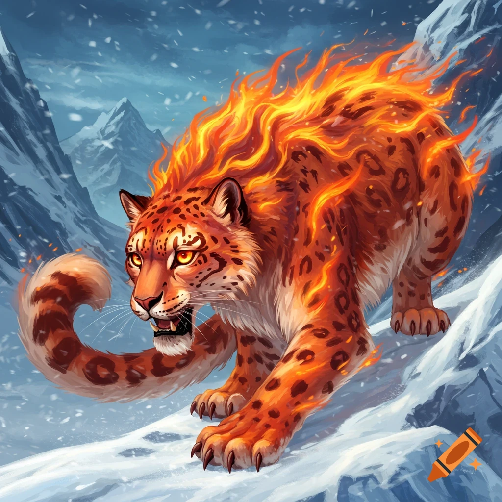 A fiery snow leopard in a snowy mountain landscape.