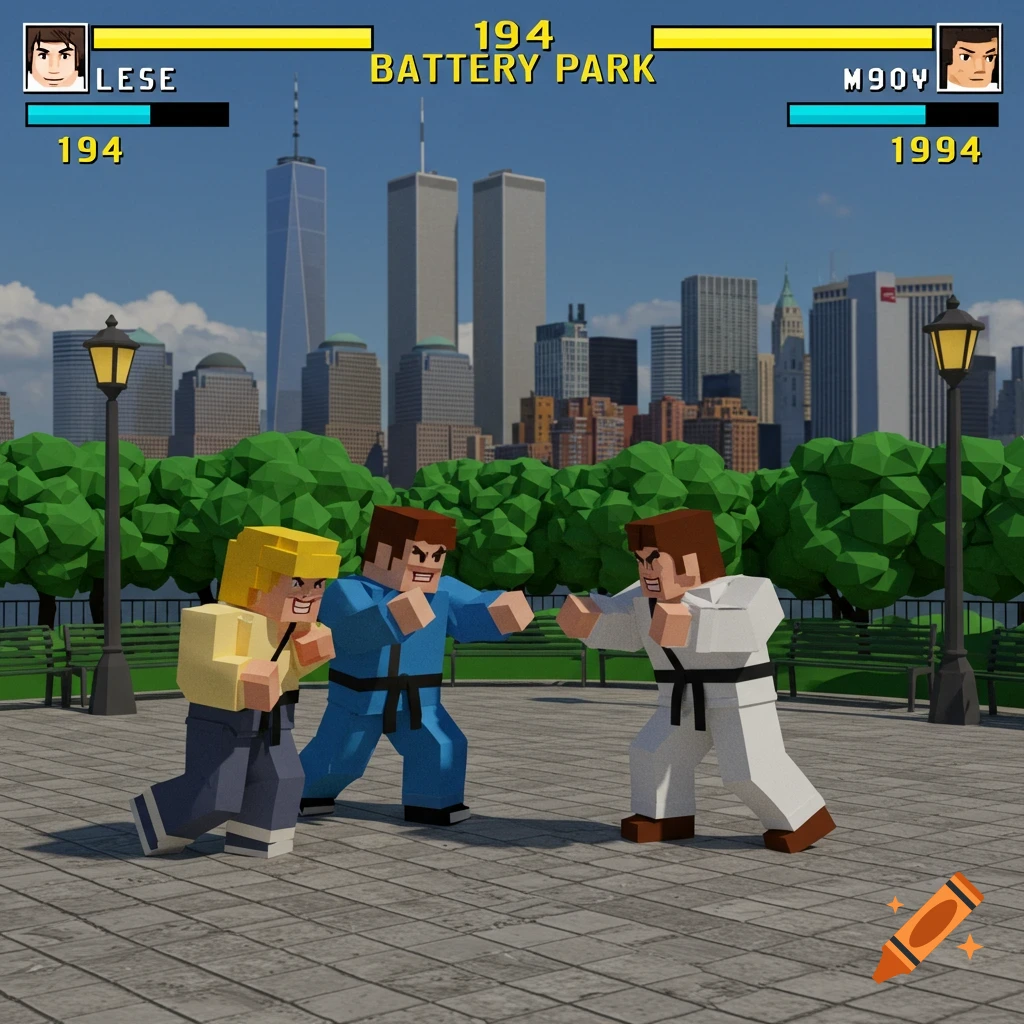 Blocky 3D fighting game characters fight in a park with a city skyline and UI overlay.