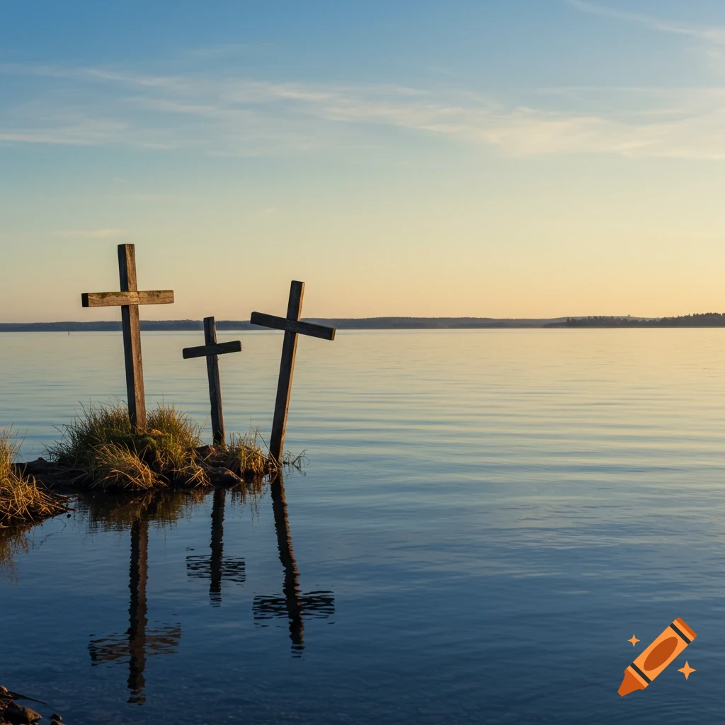 Three wooden crosses stand on a small island in a calm lake at sunset.