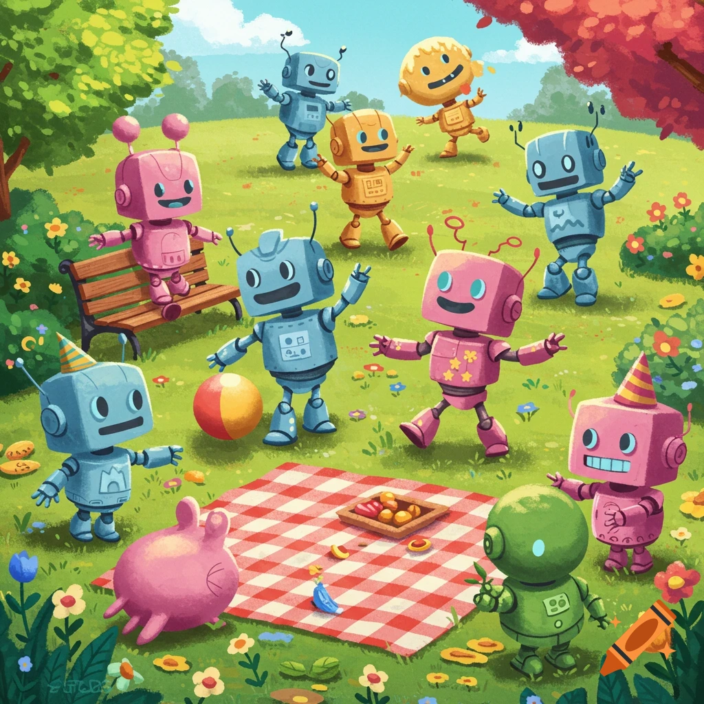 Cute robots having a picnic in a sunny park, digital illustration.