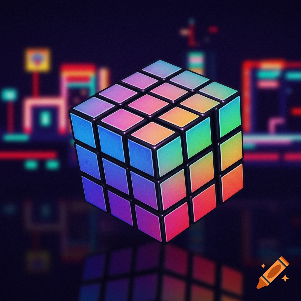 Rainbow Rubik's cube against a blurry pixelated background.