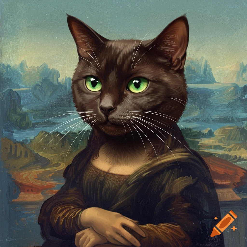 A black cat's head sits on the Mona Lisa's body, against the painting's landscape background.