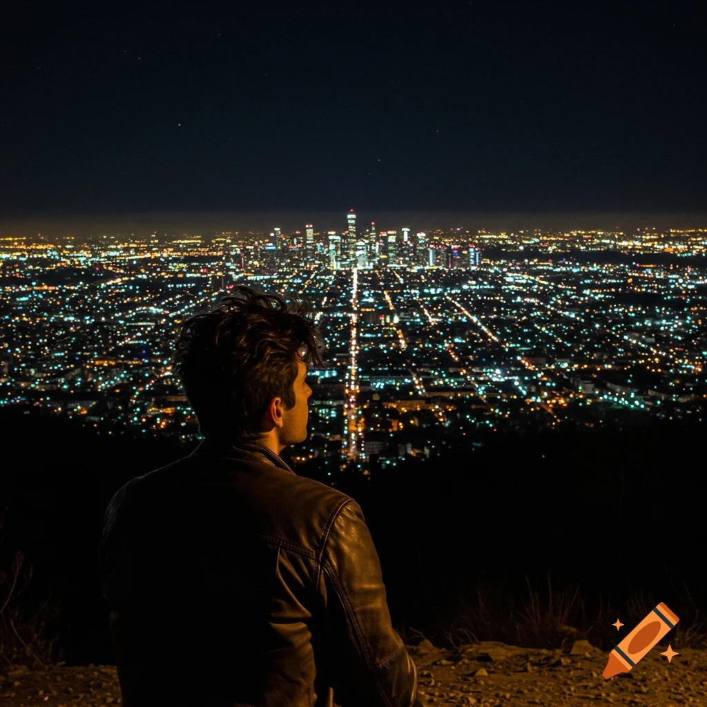 Person overlooks city lights from hilltop at night.