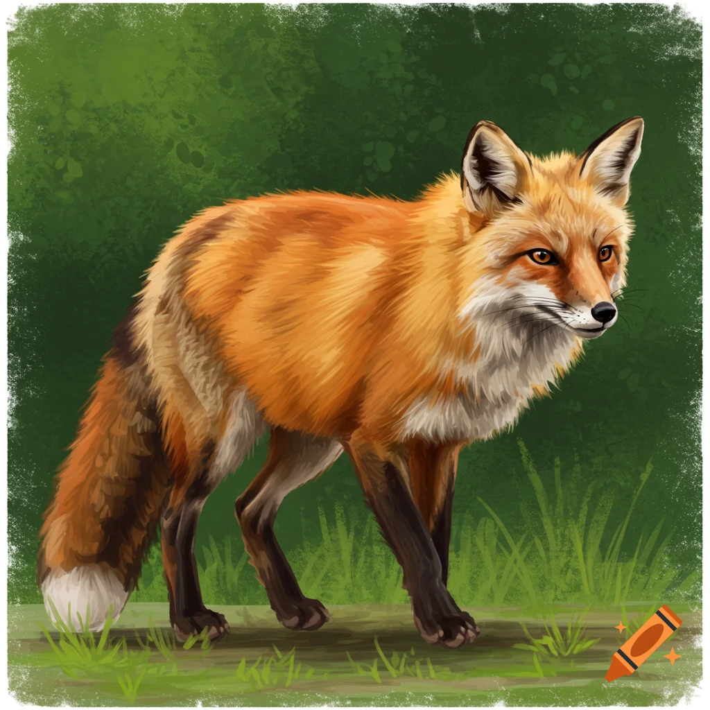 A red fox standing on the ground with grass and green background.