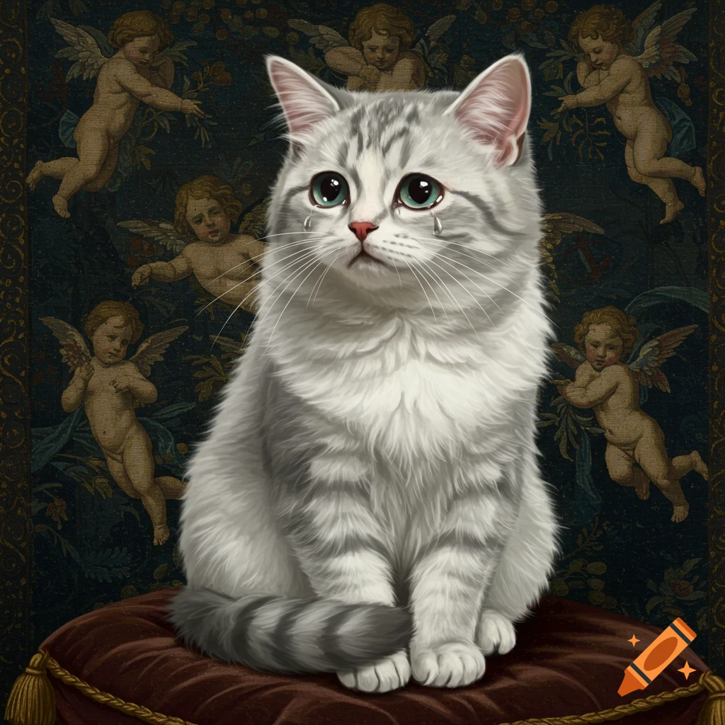 A sad grey and white tabby cat sits on a red cushion with tears in its eyes, against a dark background with cherubs.