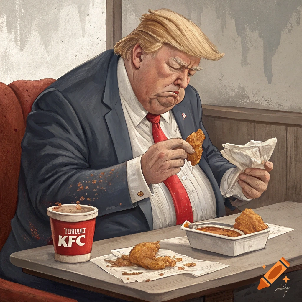 Caricature illustration of Donald Trump eating KFC fried chicken.