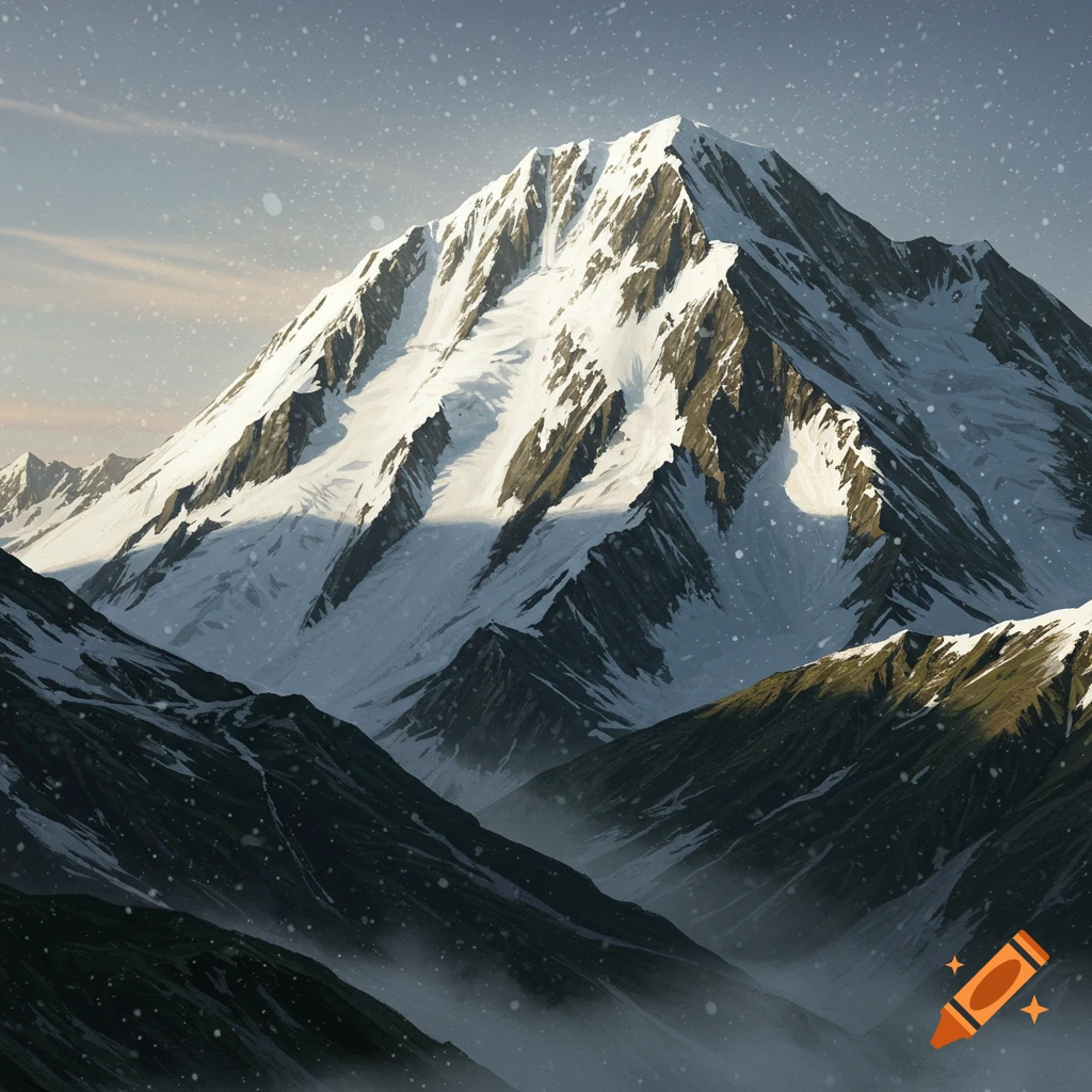 A large snow-covered mountain with snow falling.