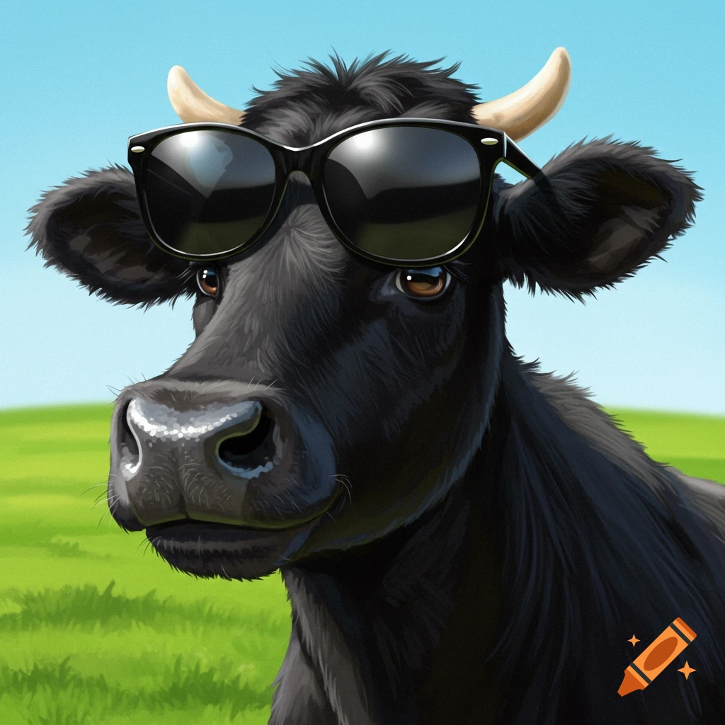 A black cow wearing sunglasses in a field.