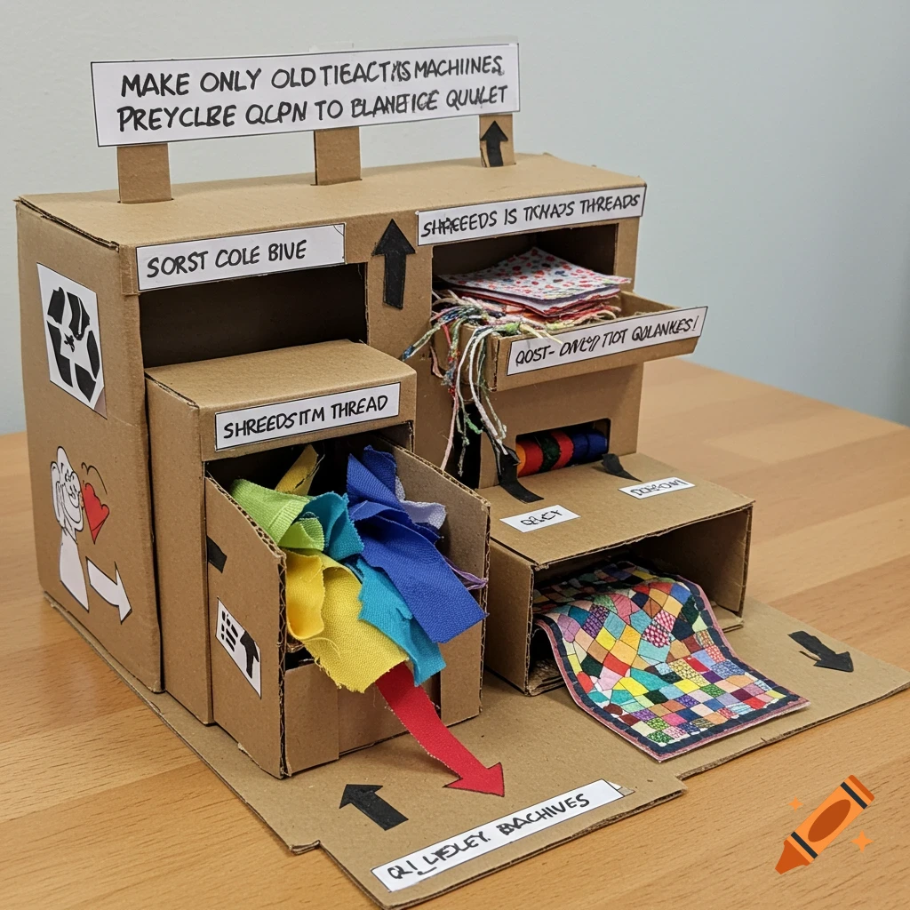 A cardboard model of a textile recycling machine that processes fabric into a quilt.