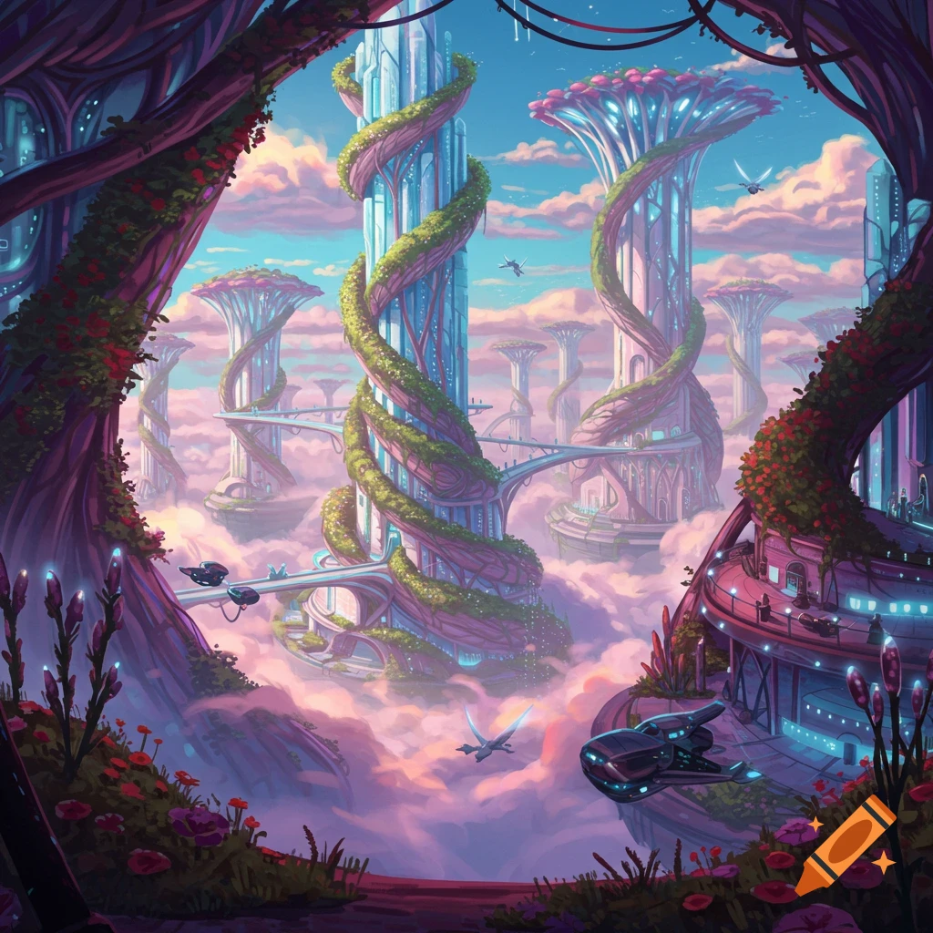 A fantasy city floating in clouds with tall vine-covered towers and flying vehicles.