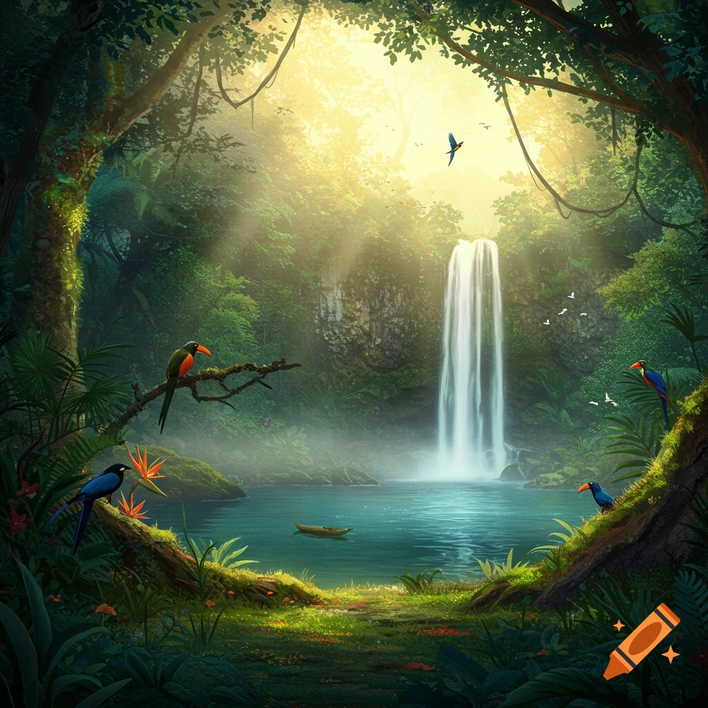 A lush jungle with a waterfall cascading into a lake, surrounded by trees and tropical birds.