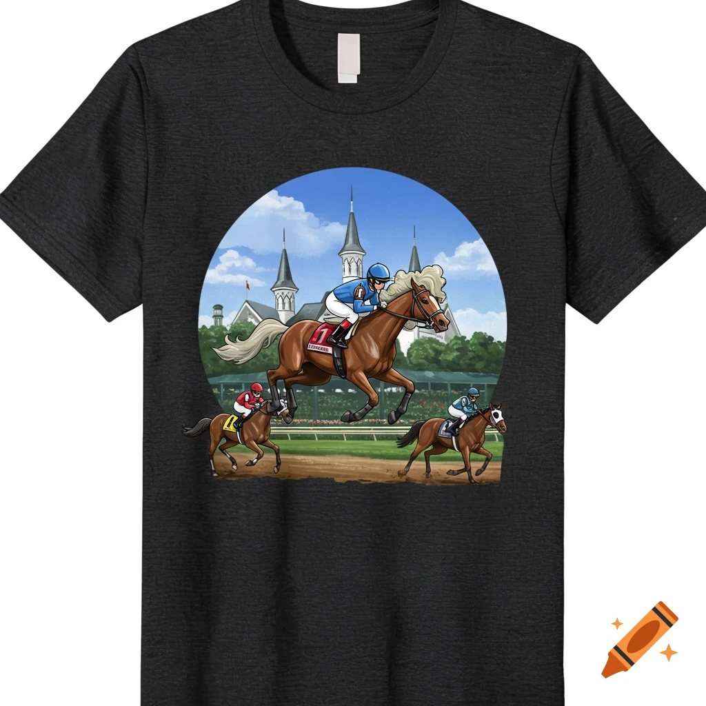 Jockeys riding horses in a race with Churchill Downs spires in the background.