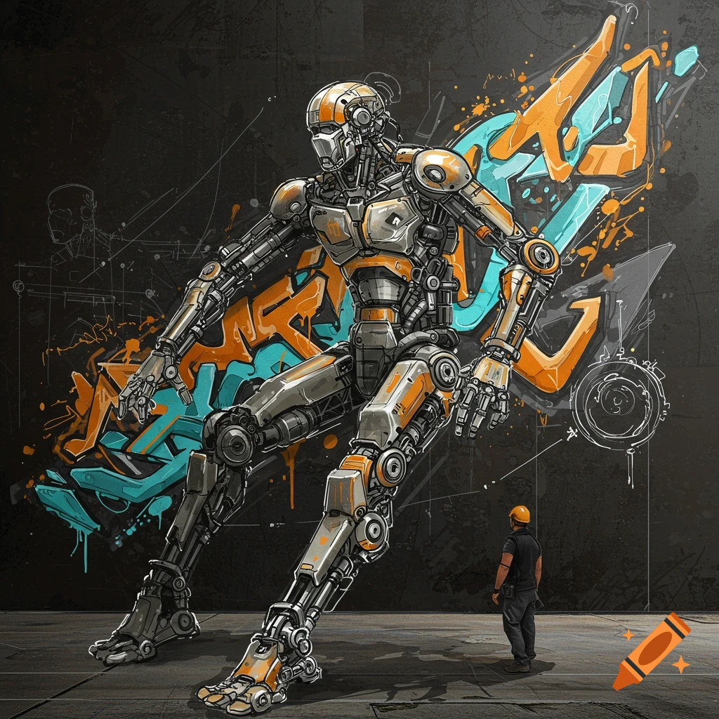 Large detailed robot stands before a wall with graffiti and sketches as a small person looks on, digital illustration.