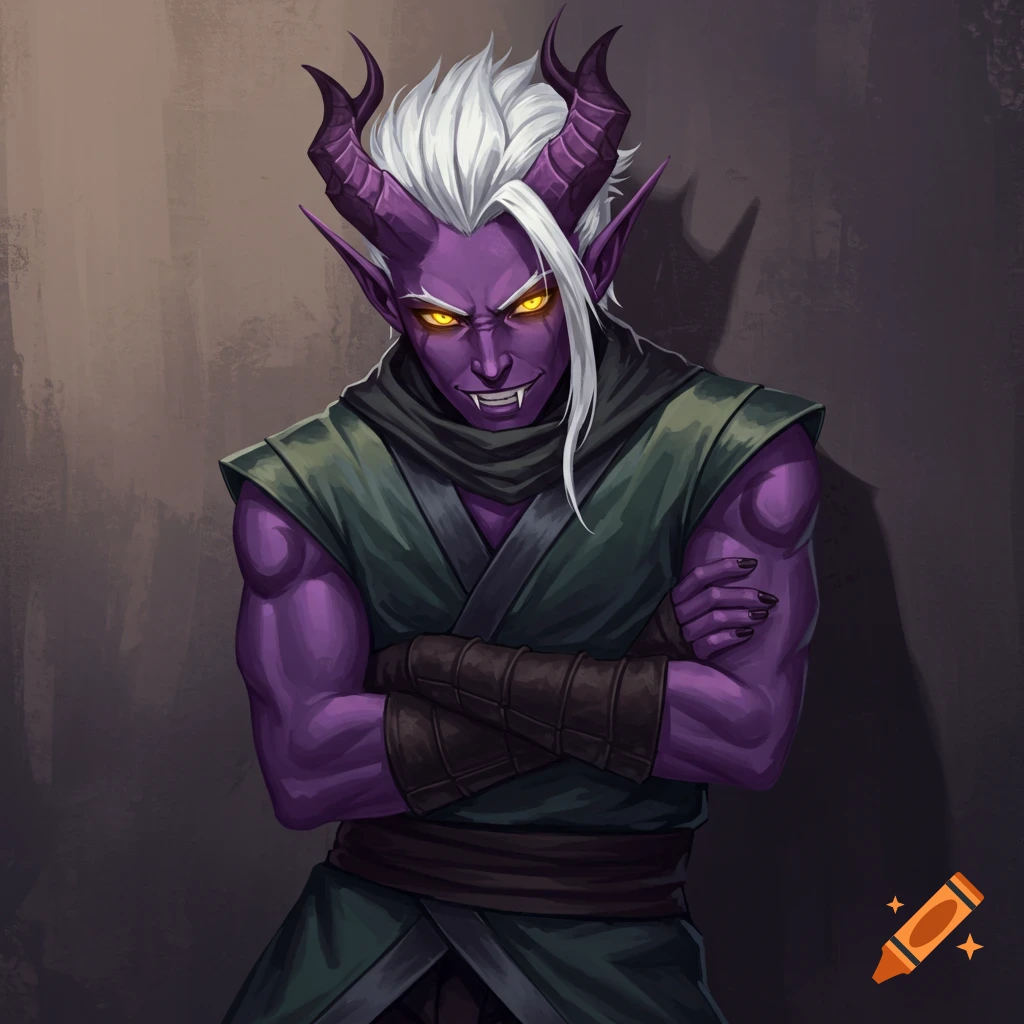 Painting of a male tiefling with purple skin, white hair, and yellow eyes, crossing his arms