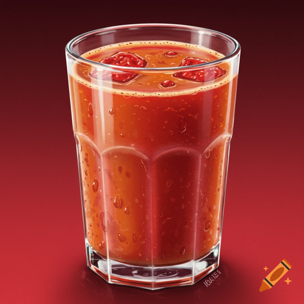 A glass of red drink with floating red chunks on a red background.