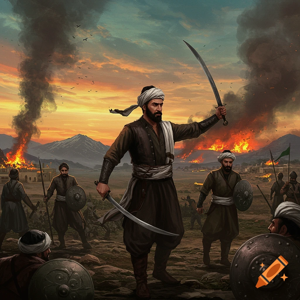 warriors with swords during a battle, with a village burning in the background at sunset.
