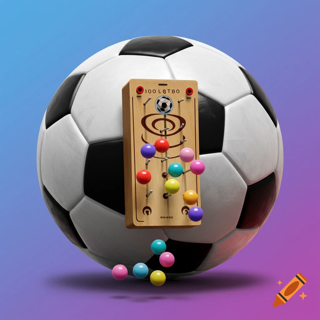 A soccer ball with a colorful plinko game board attached.