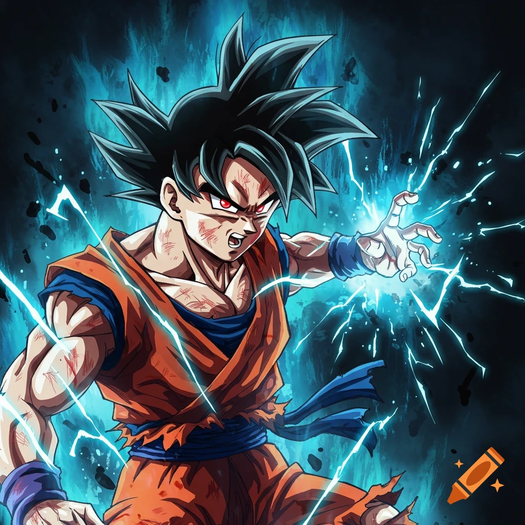 Goku from Dragon Ball Z in a fighting stance surrounded by blue energy and electricity, red eyes glowing.