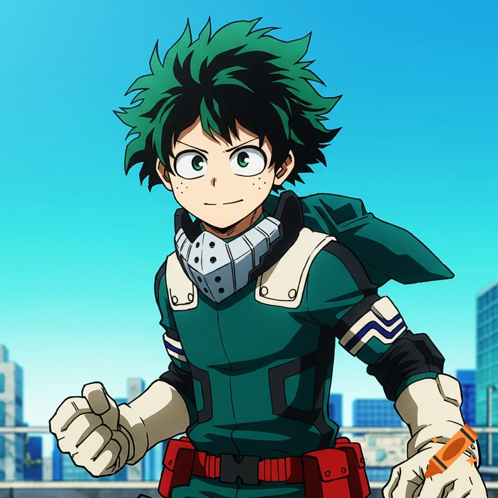 Anime character Izuku Midoriya in hero outfit against a city background.