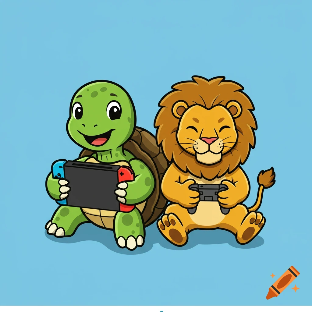 Cartoon turtle and lion sitting and playing video games.