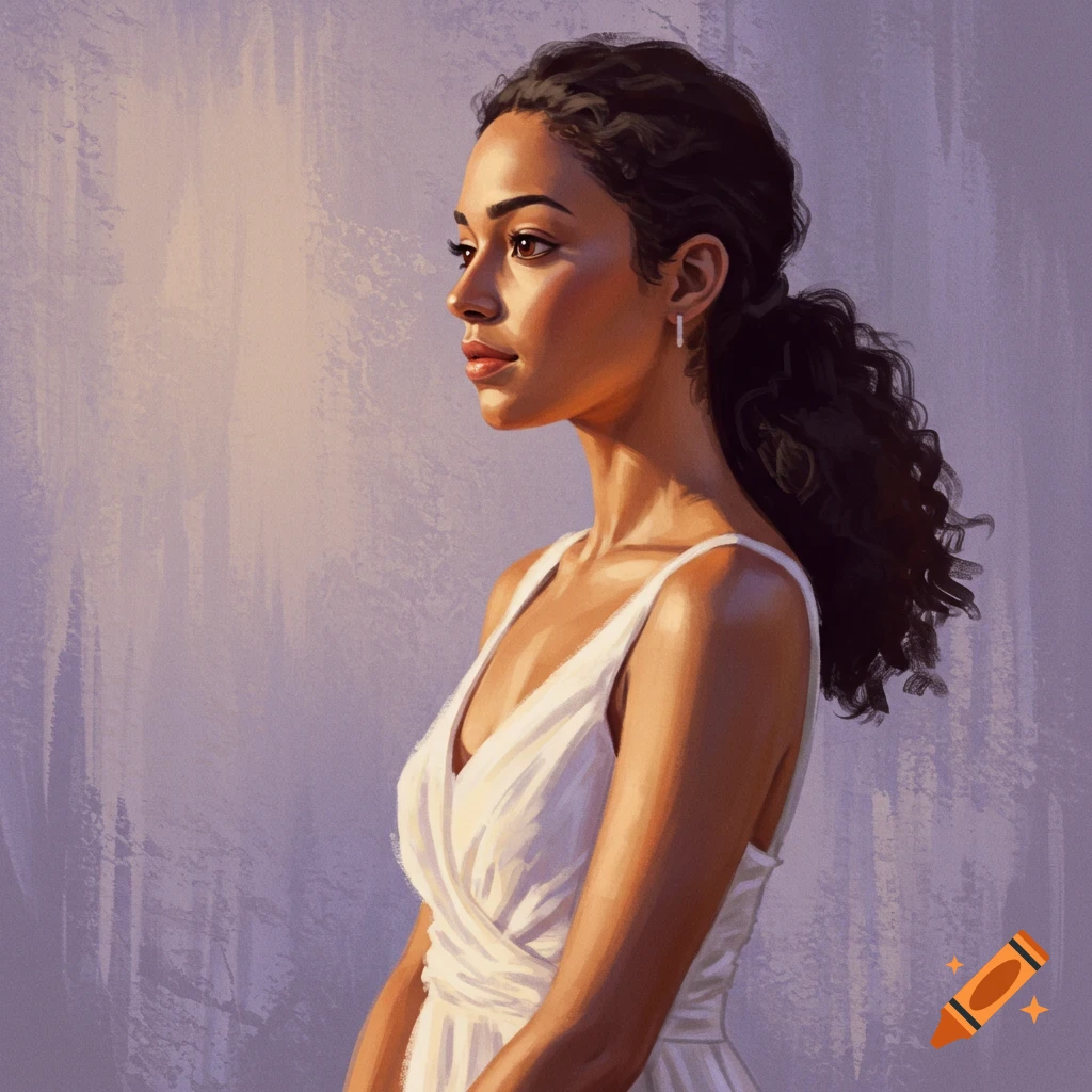 Profile portrait of a woman in a white dress