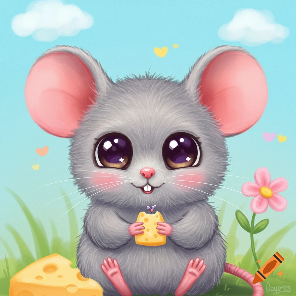 A cute cartoon mouse sits in grass holding a piece of cheese.