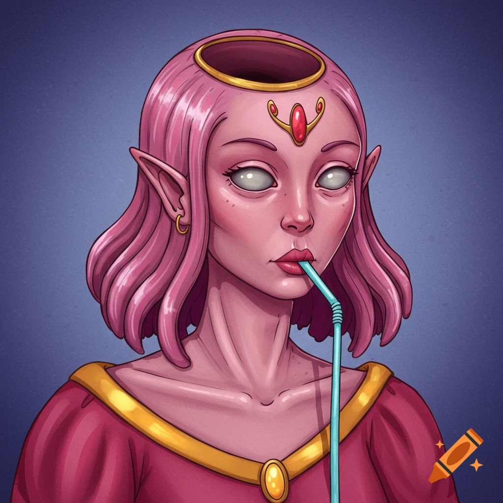 An alien princess with pink hair and elf ears, drinking through a straw inserted into a hole in her head.