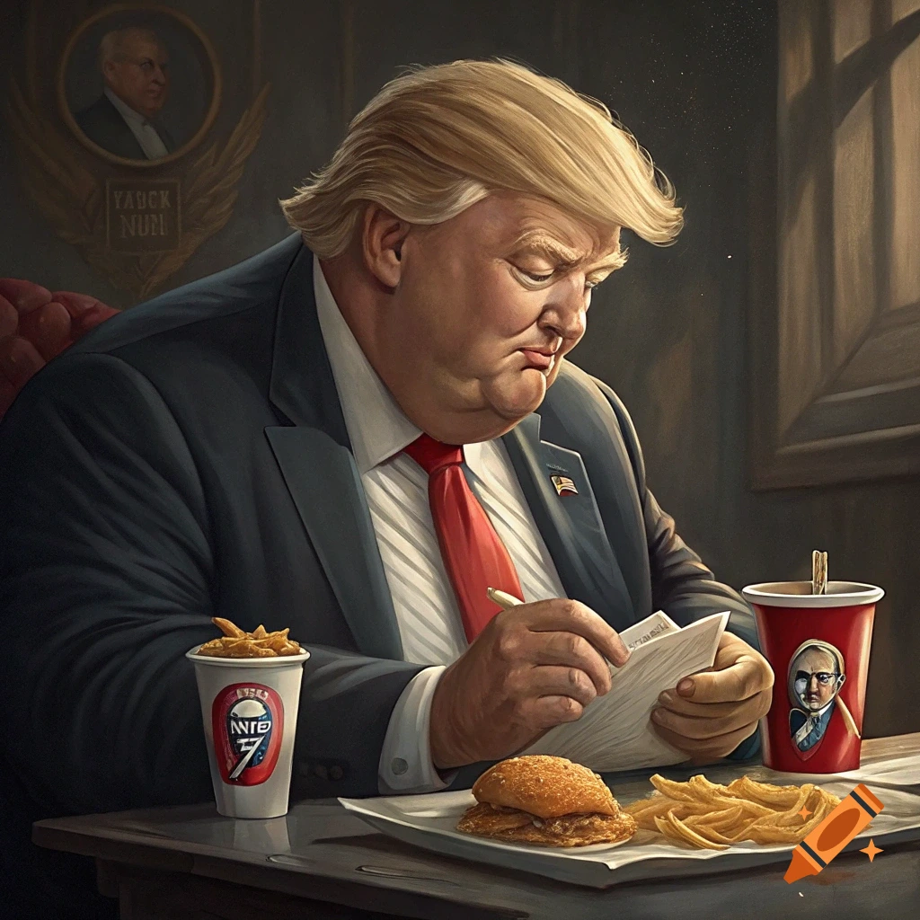 Caricature painting of Donald Trump eating fast food and writing at a desk, with portraits in the background.