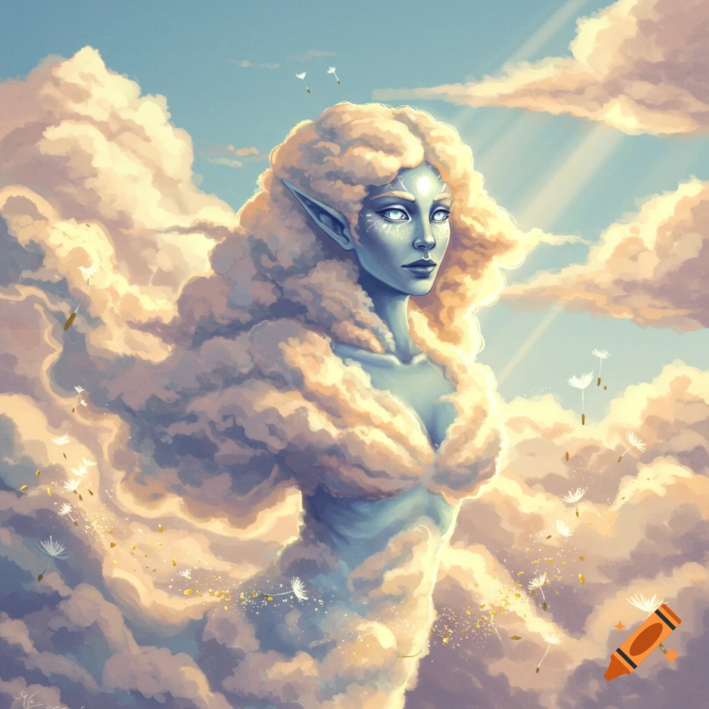 A cloud-like fantasy creature with long cloud hair is surrounded by clouds and floating seeds in a sky.