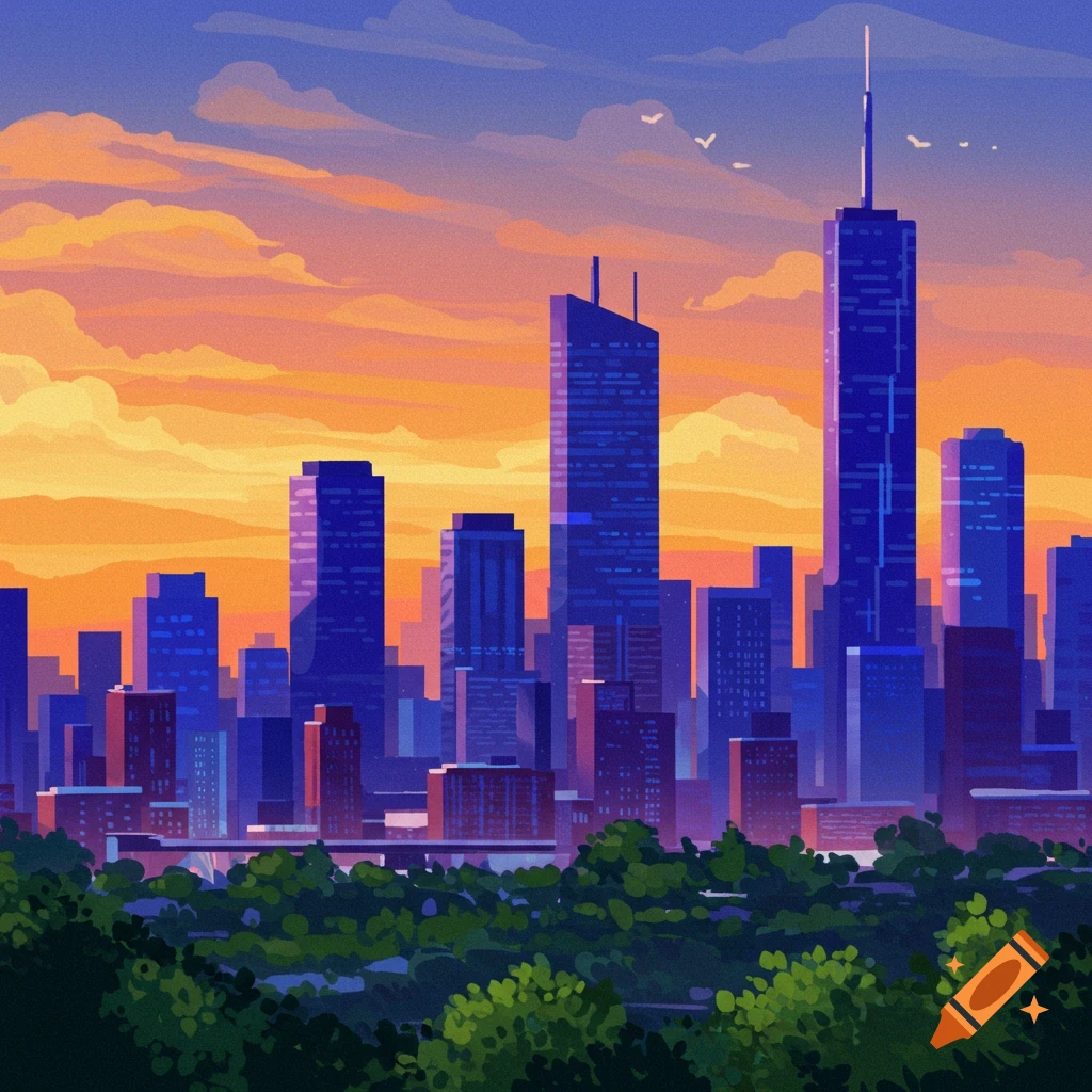 Cityscape at sunset with trees in the foreground