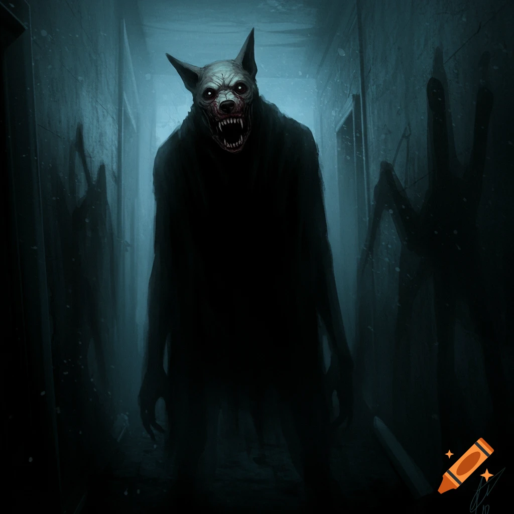 Horrifying dog humanoid creature standing in a dark hallway.