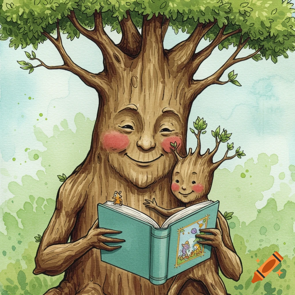 Watercolor of a large tree and a small tree reading a book.