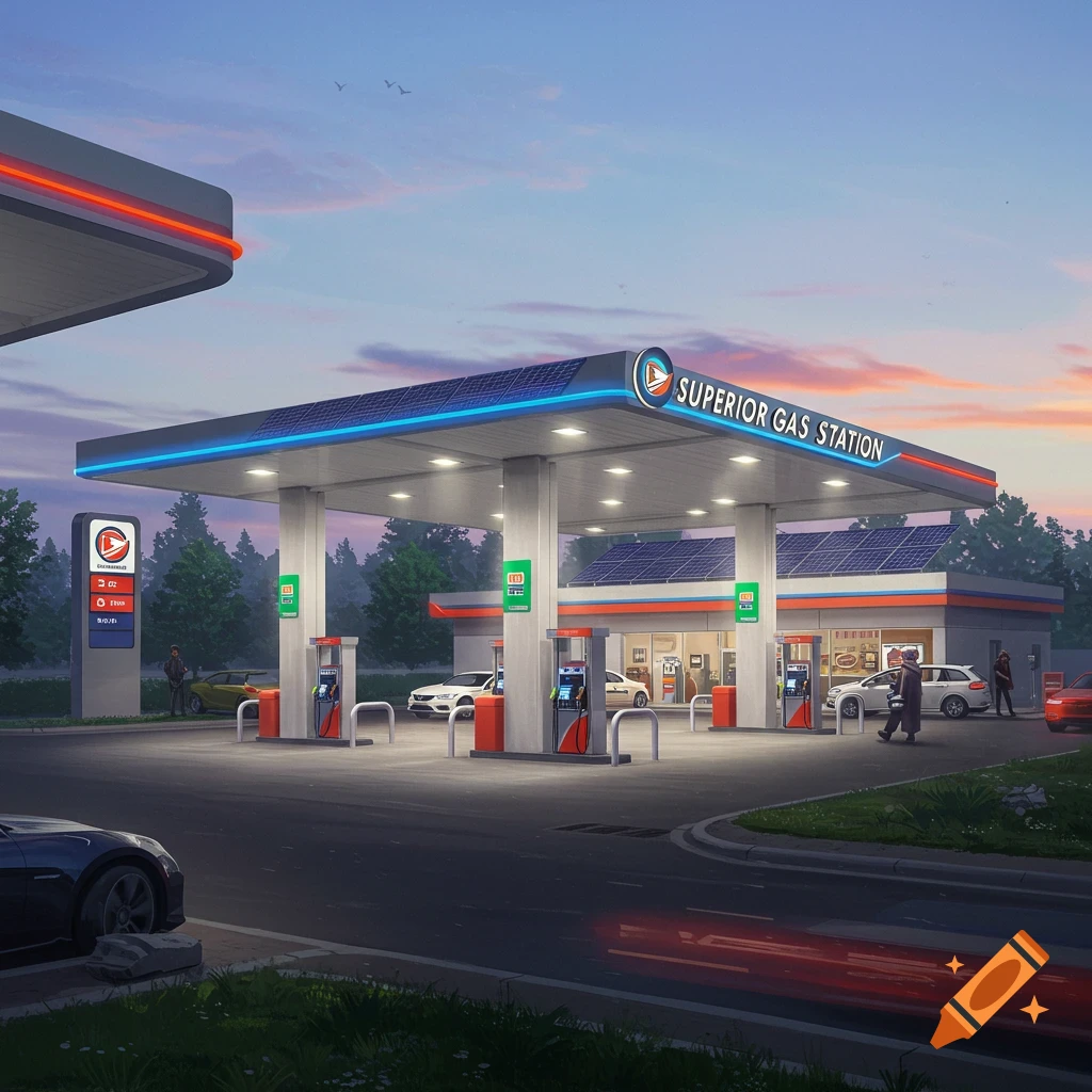 A modern gas station is bustling with cars and people as dusk settles.
