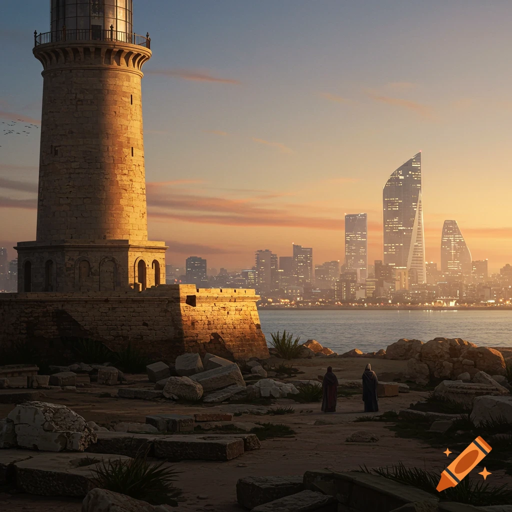 Ancient lighthouse ruins on a coast with two figures, facing a modern cityscape at sunset.