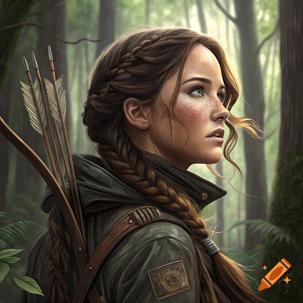 Portrait of a woman with a braid, bow, and arrows in a forest, looking into the distance.