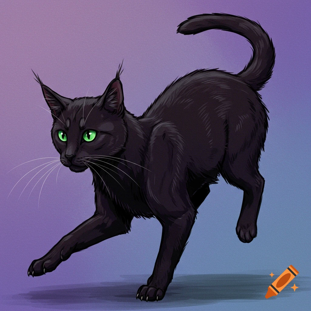 A black cat with green eyes in a dynamic pose