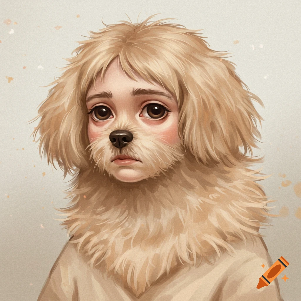 A creature with a human child's face and scraggly tan Shih Tzu fur