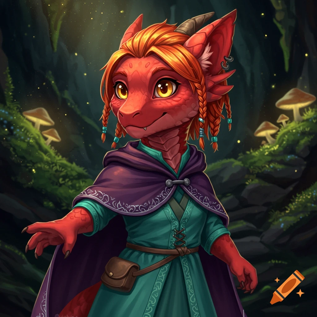A red kobold character wearing a cloak stands in a forest.